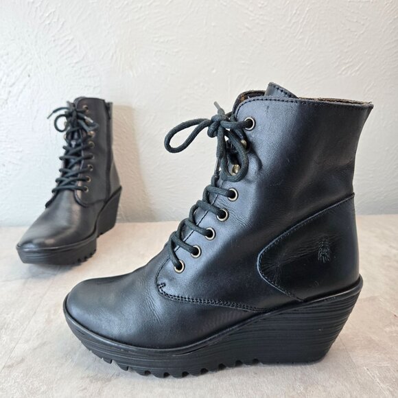 Fly London YGOT Wedge Boots Leather Black Chunky Lace Up Platform Ankle Booties - Picture 1 of 12